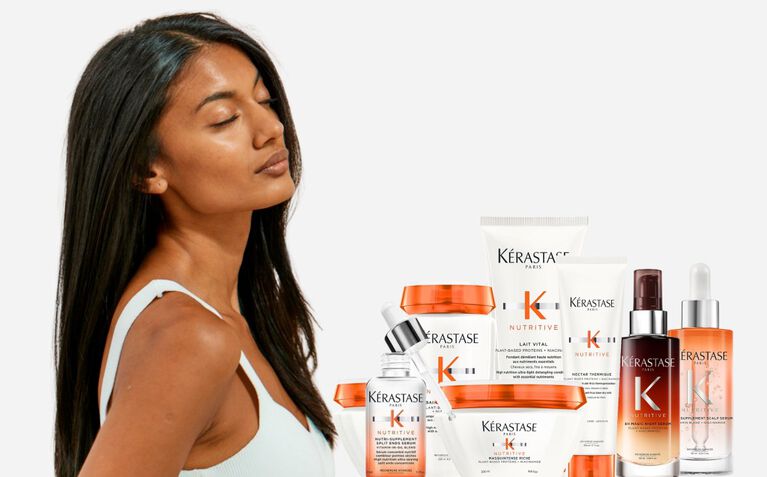 Kerastase Nutritive model with products for dry hair.