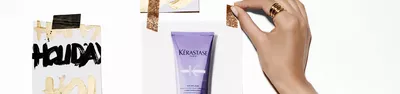 A hand showcasing a tube of Kerastase hair care product, positioned among holiday-themed decorations and text on a white background.