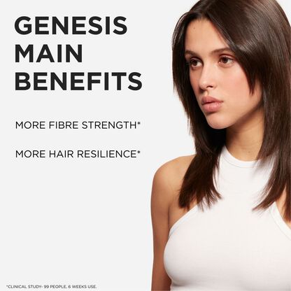 A woman with long, straight hair promotes Kerastase Genesis hair products, emphasizing reduced hair fall and increased strength.