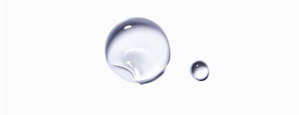 Two clear water droplets on a white background, one larger and one smaller, showcasing their round shapes and reflections.