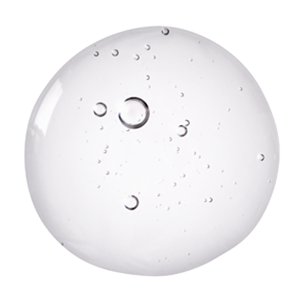 A transparent, circular gel bubble with small air bubbles suspended within it, set against a white background.