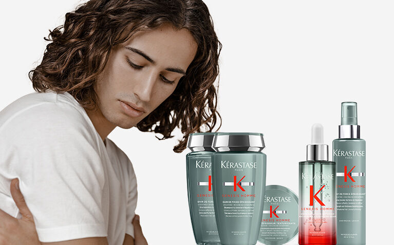Kerastase Genesis homme male model with dual anti-fall action hair care product.
