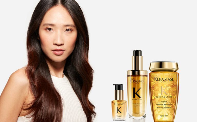 Kerastase Elixir Ultime model with nourishing hair care products