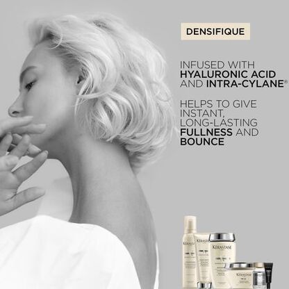 A profile of a woman with short hair, highlighting hair products for fullness and bounce, featuring hyaluronic acid.