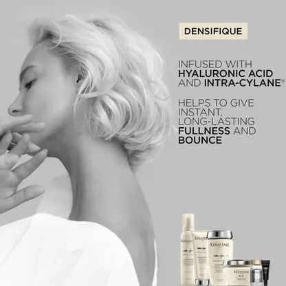A profile of a woman with short hair, highlighting hair products for fullness and bounce, featuring hyaluronic acid.