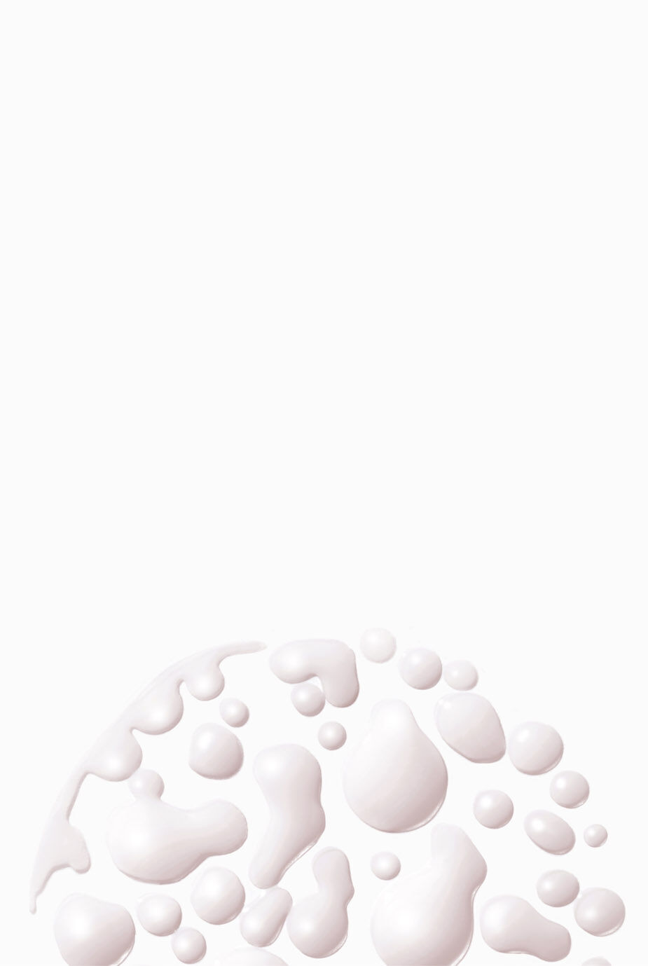 Abstract image featuring various sizes of white droplets arranged in a flowing pattern on a plain background.
