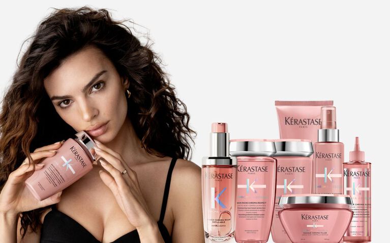 Kerastase Chroma Absolu model with products for color-treated hair