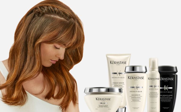 Kerastase Densifique model with ultimate hair care for thinning hair.