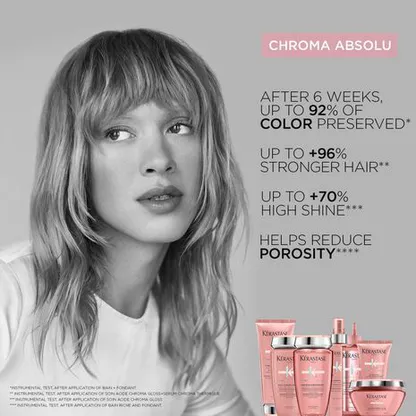 A woman with medium-length blonde hair, showcasing hair care products, highlights benefits like color preservation and shine.