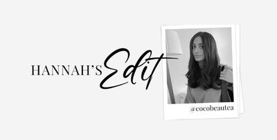 A stylish graphic featuring the text "HANNAH'S Edit" in an elegant font, accompanied by a black-and-white photo of a woman with long hair, positioned beside her Instagram handle, @cocobeantea.