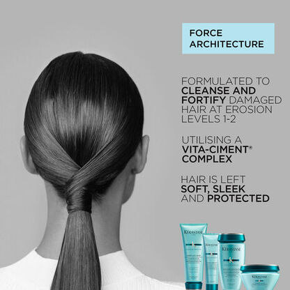 Labeling Kerastase hair care products designed to cleanse and fortify damaged hair, promoting softness and protection.