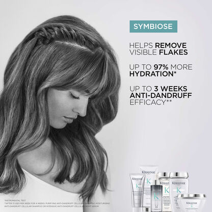 A woman with long hair looks down, showcasing her smooth hair next to Kerastase Symbiose anti-dandruff products.