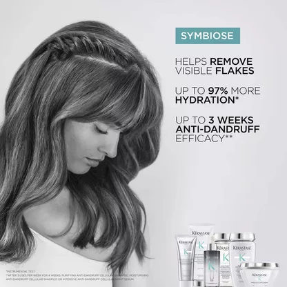 A woman with braided hair looks down, surrounded by Kerastase Symbiose anti-dandruff products promoting hydration and efficacy.