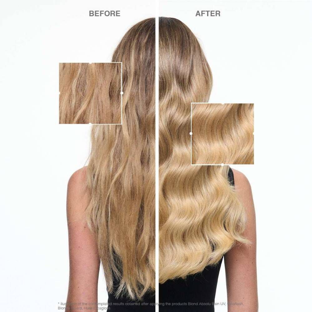 Before and after using purple shampoo as a treatment for bleached hair. In the before image, the hair has brassy tones, while in the after image those tones are neutralised​