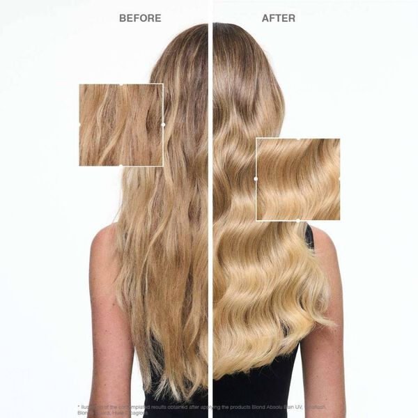Before and after using purple shampoo as a treatment for bleached hair. In the before image, the hair has brassy tones, while in the after image those tones are neutralised