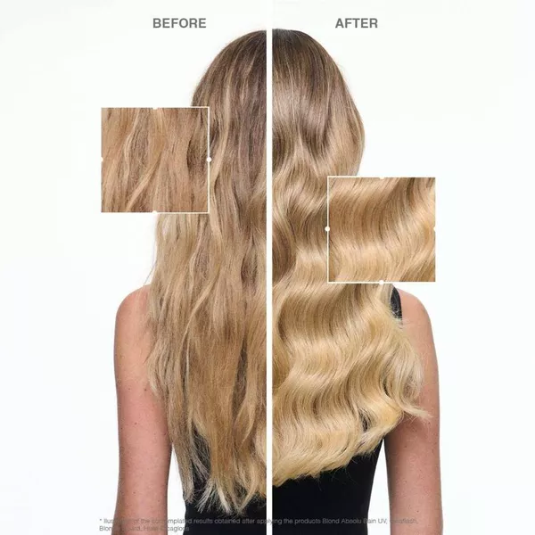 Before and after using purple shampoo as a treatment for bleached hair. In the before image, the hair has brassy tones, while in the after image those tones are neutralised