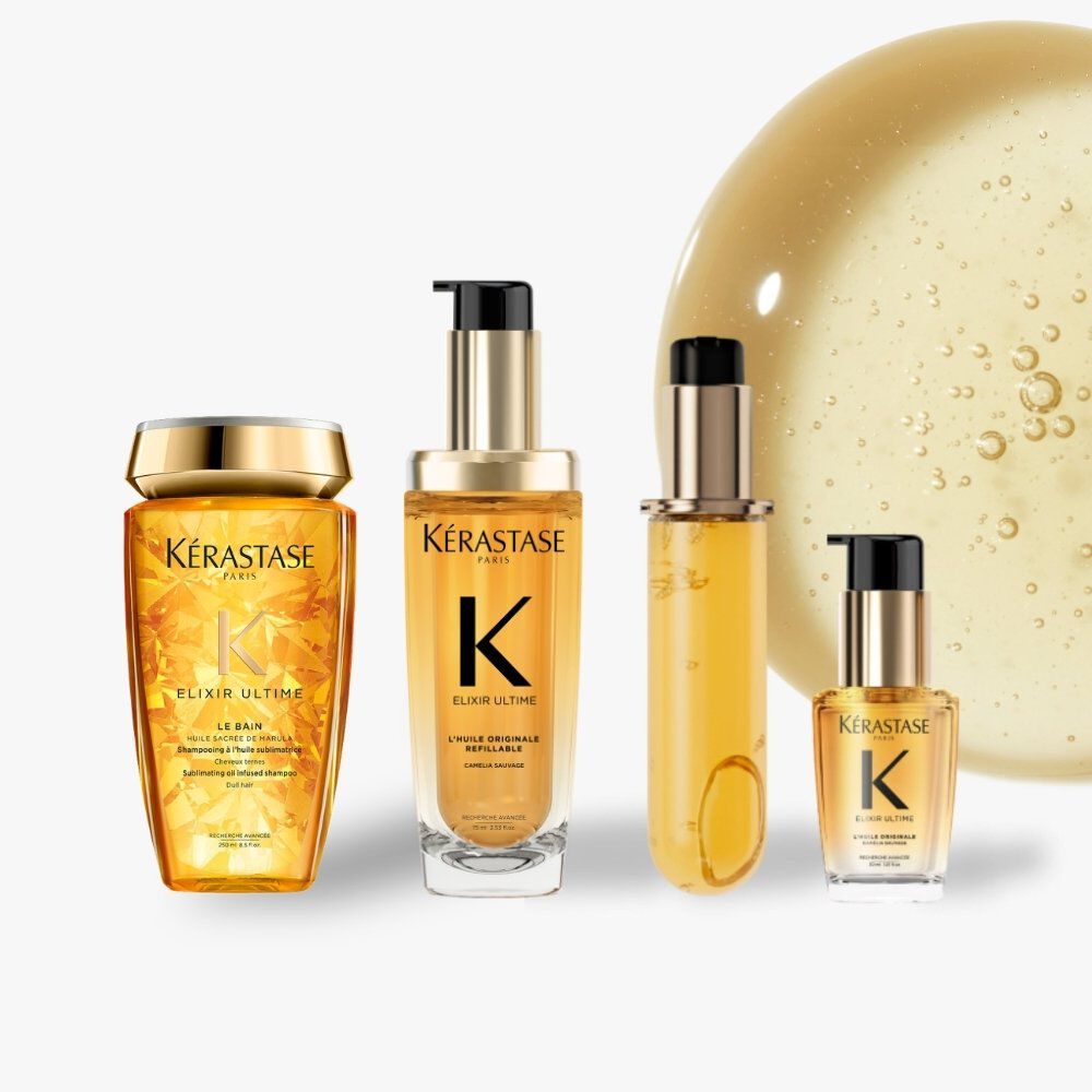 The full range of products in Kerastase Elixir Ultime range to achieve shiny hair