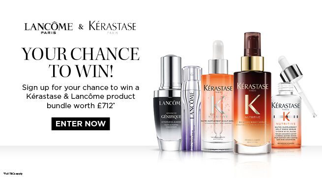 Promotional image featuring a Kerastase and Lancome product bundle. Text reads: "YOUR CHANCE TO WIN! Sign up for your chance to win a Kerastase & Lancome product bundle worth £712."