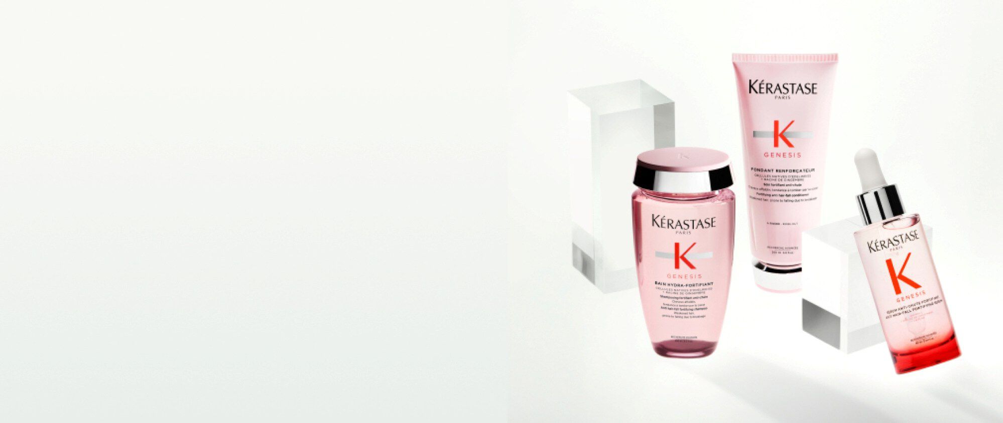 A group shot of Kerastase’s Genesis haircare range for hair loss and hair thinning