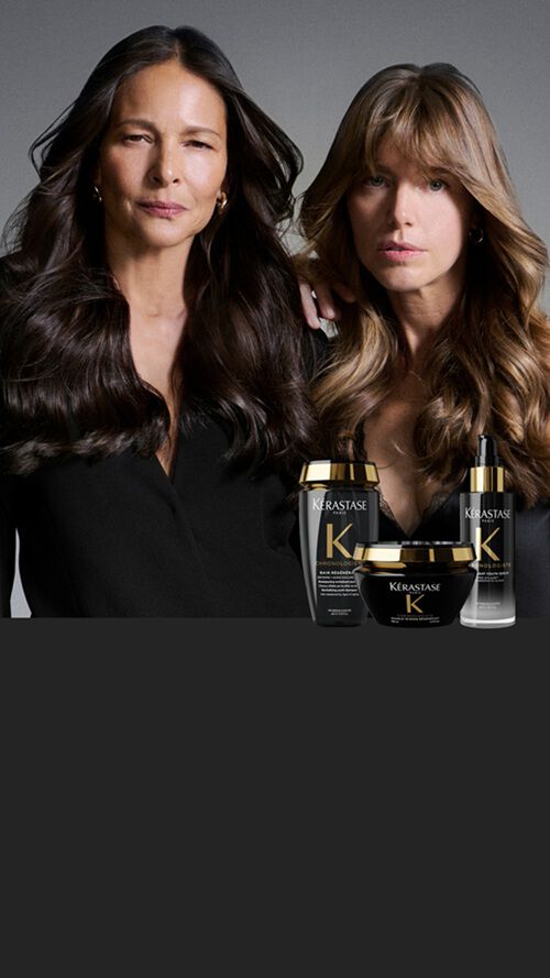 SHOT OF TWO OLDER WOMEN ON A GREY BACKGROUND WITH A PRODUCT RANGE SHOT IN THE FOREFRONT​