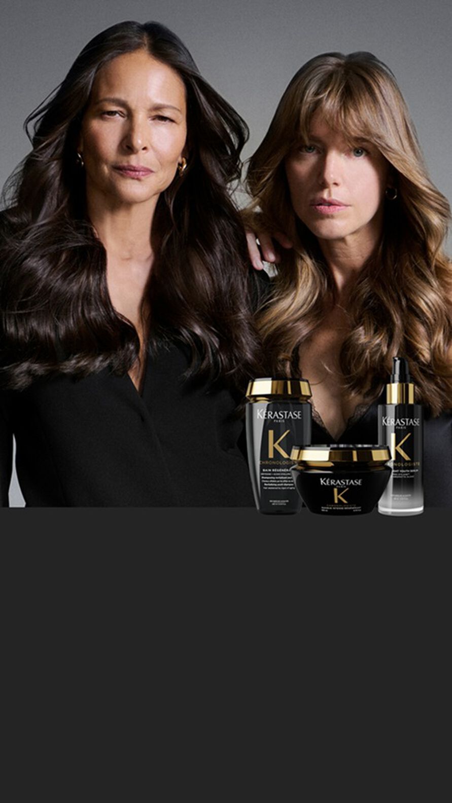 SHOT OF TWO OLDER WOMEN ON A GREY BACKGROUND WITH A PRODUCT RANGE SHOT IN THE FOREFRONT