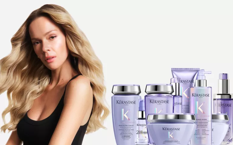 Kerastase Blond Absolu model with products for blonde hair