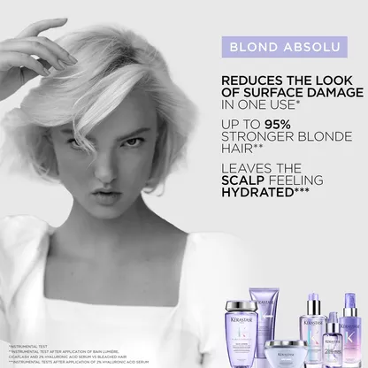 A model with short blonde hair showcases Kerastase Blond Absolu hair products, promoting scalp hydration and stronger blonde hair.
