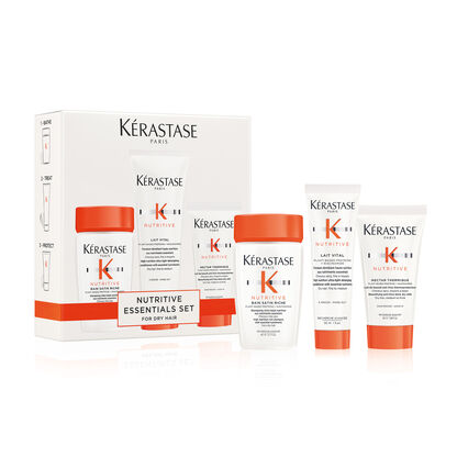 A Kerastase Nutritive essentials set for dry hair, featuring four product tubes in a stylish box.