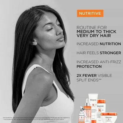 A woman with long, straight hair poses gracefully, surrounded by Kerastase Nutritive hair care products for deep nourishment.