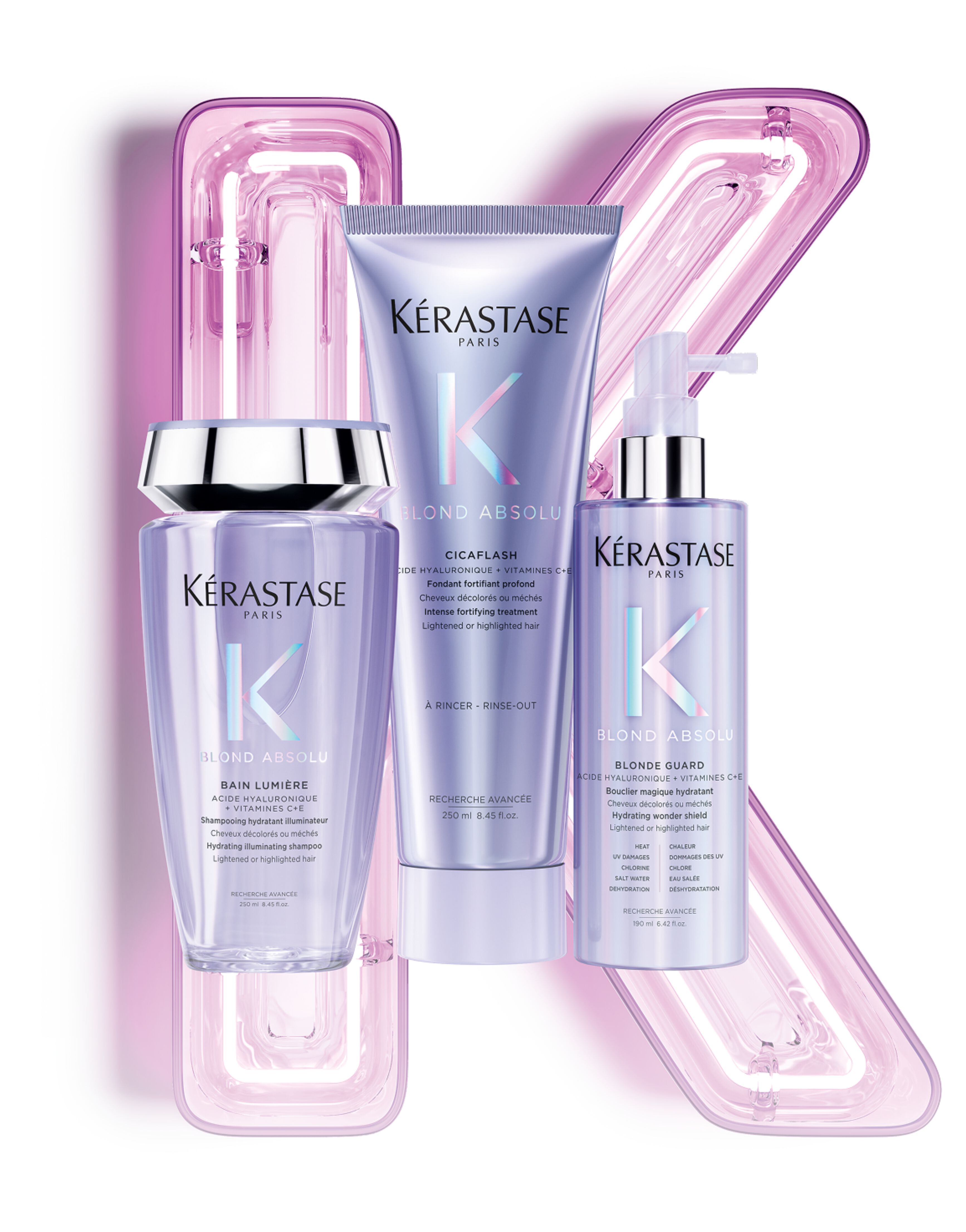big neon k letter with blond absolu products