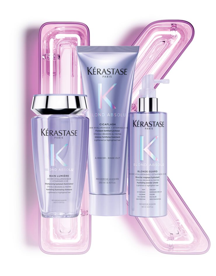 big neon k letter with blond absolu products