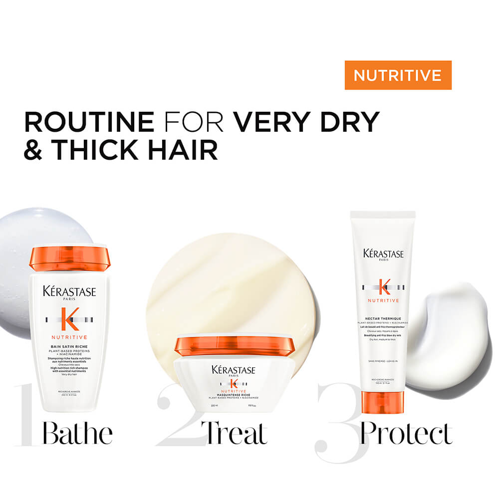 Three Kérastase hair care products for very dry and thick hair: a shampoo, a mask, and a protective cream.