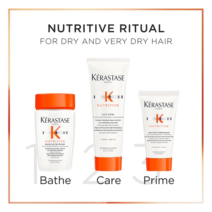 Image of Kérastase Nutritive hair care products for dry hair: Baine Satin 2 shampoo, Lait Vital conditioner, and Nectar Thermique cream.