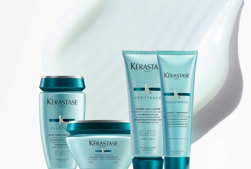 A group shot of Kérastase’s Première haircare range for damaged hair, including shampoo, conditioner, hair oils and hair masks.
