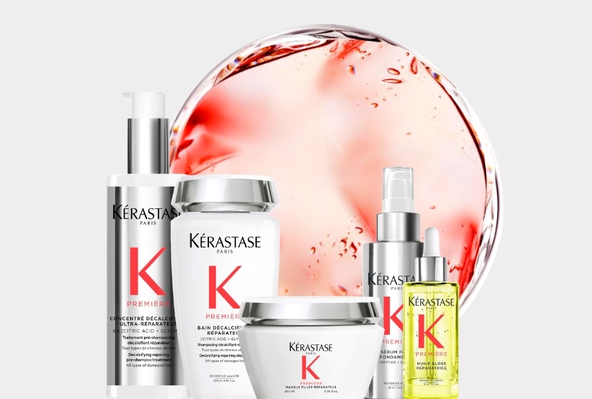 A group shot of Kérastase’s Première haircare range for damaged hair, including shampoo, conditioner, hair oils and hair masks.