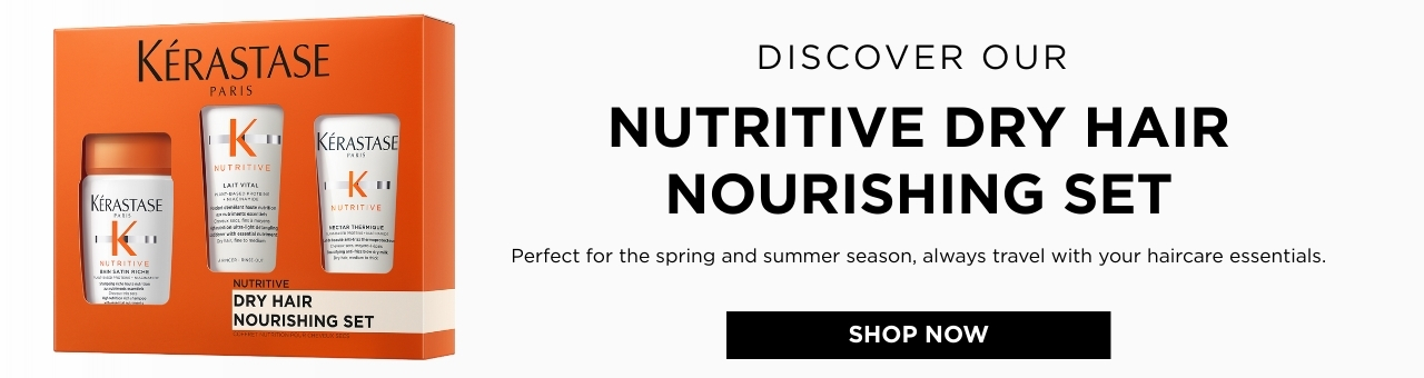 Travel-size gift set of Kérastase haircare products, ideal for spring and summer, promoting on-the-go essentials.